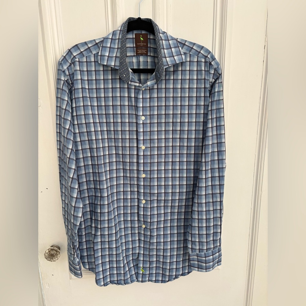 Men's Large Blue White Plaid Button Up Long Sleeve Dress Shirt Taylorbyrd